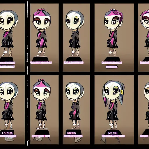 Image similar to various character sheets with character designs for a character with a squid for a head wearing a long vampire cape made from dark wispy smoke made as an enemy in Splatoon by nintendo