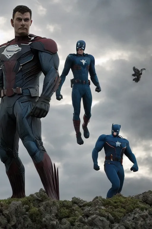 Image similar to VFX movie still frame portrait DC vs. Marvel team natural skin, hero pose, war zone by Emmanuel Lubezki