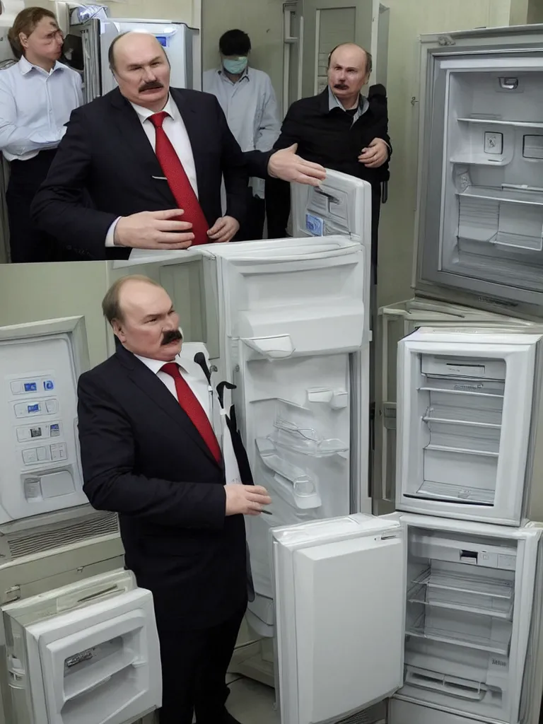 Prompt: lukashenka with stupid face tells there's no any viruses because it's a fridge near hospital with deaths