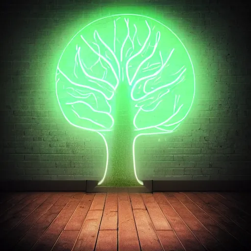 Image similar to realistic fantasy cyber big tree on neon light on fog