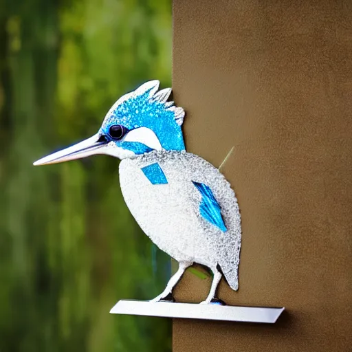 Image similar to wall art of a real life kingfisher made out of reflective crystal and very reflective polished metal, in the background is a forest, product photography