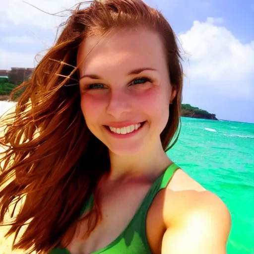 Prompt: Selfie photograph of a cute young woman with bronze brown hair and vivid green eyes, smiling smugly, soft focus, medium shot, mid-shot, beach background