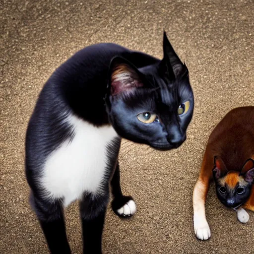 Prompt: professional photograph of a siamese cat looking at a dog