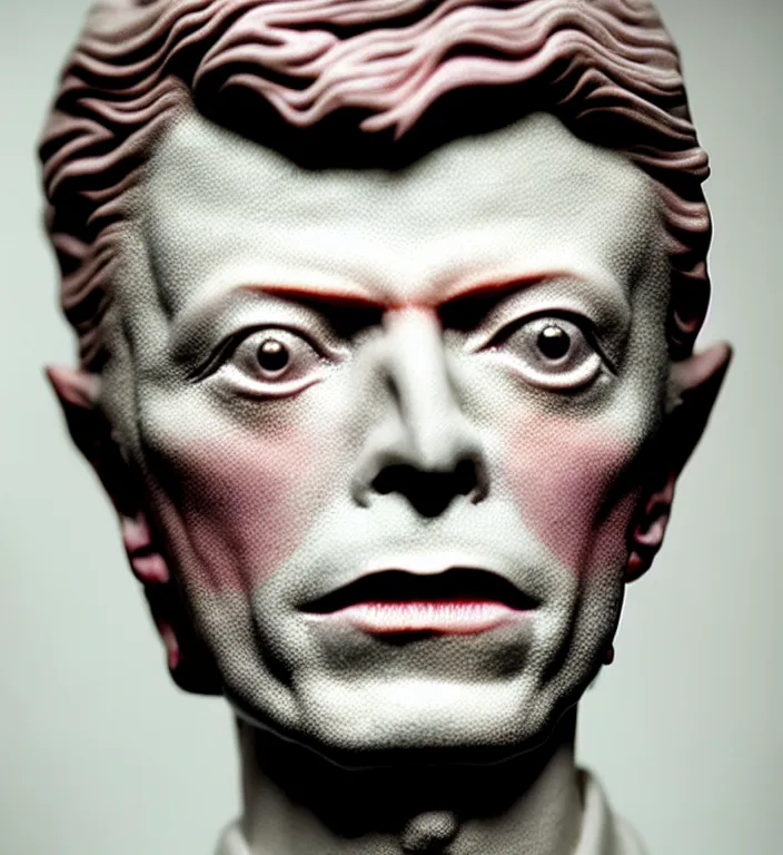 Image similar to David Bowie , A Close up photo-real delicate ceramic porcelain sculpture of a symmetrical ornate detailed in front of an intricate background by Victo Ngai and takato yamamoto, micro detail, backlit lighting, face in focus, subsurface scattering, translucent, thin porcelain, octane renderer, colorful, physically based rendering, japanese pottery, trending on cgsociety