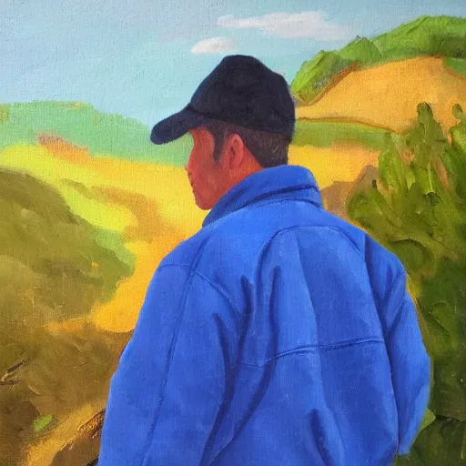 Image similar to guy in a blue jacket, landscape, oil painting