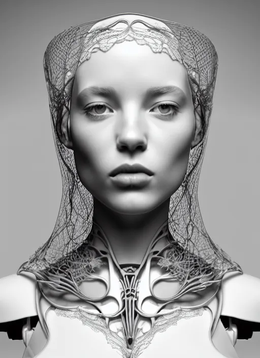 Prompt: complex 3d render ultra detailed of a beautiful porcelain profile young woman face, biomechanical cyborg, 150 mm lens, beautiful studio soft light, rim light, silver white gold red details, magnolia big monochromatic lemon leaves and stems, roots, fine foliage lace, mesh wire, Alexander Mcqueen high fashion haute couture, art nouveau fashion embroidered, intricate details, hyper realistic, ultra detailed, mandelbrot fractal, anatomical, facial muscles, cable wires, microchip, elegant, octane render, H.R. Giger style, black eyes, plump lips, volumetric lighting, 8k post-production, trending on Artstation