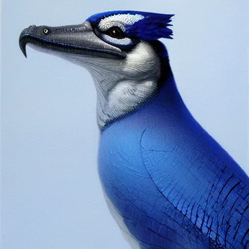 Image similar to a detailed oil painting of a crocodile blue jay hybrid, intricate, trending on artstation, well - lit, by michael whelan, james gurney, and donato giancola - w 7 0 0