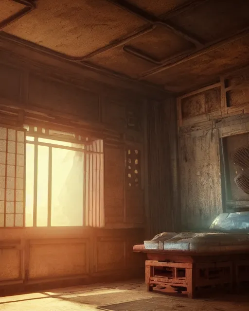 Image similar to artstation scifi scene of a shabby chinese rural room, earth kang, wooden bookcasesmall lotus shrine beds, paneled walls, unreal engine 5, hyper realism, realistic shading, cinematic composition, blender render, octane render, hdr, detailed textures, photorealistic, wide shot