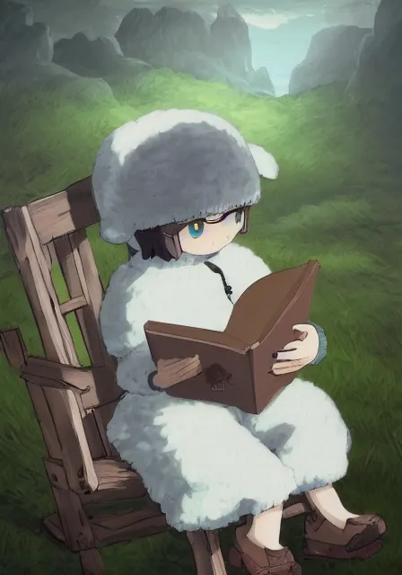 Image similar to beautiful little boy wearing sheep suit reading a book while sitting on chair, gray, blue, green and brown pallet color. made in abyss art style, inspired by kris from deltarrune, cute detailed artwork, anatomically correct, soft details, ilya kuvshinov, reflection, perfect composition, mobile wallpaper, illumination, helltaker