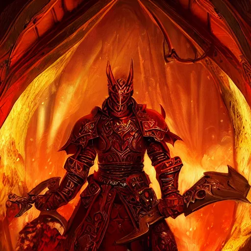 Image similar to blood paladin, fantasy art, located in a castle, legendary armor, red sunlight through the window, decorated, high quality, highly detailed,