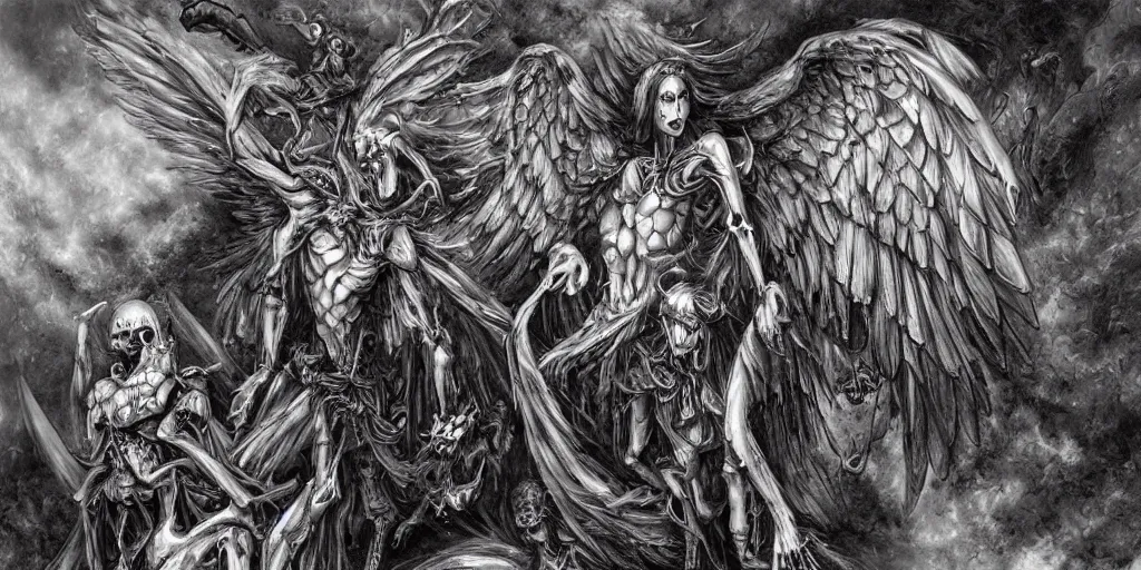 Image similar to stairway to an unheavenly paradise, in the style of anne stokes, ayami kojima, kentaro miura and silent hill, winged skeleton angels, highly detailed, digital painting