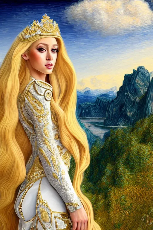 Image similar to portrait of a humanoid princess with long blonde hair, standing next to a beautiful view, ornate white officers outfit with gold embellishments, intricate, elegant, highly detailed, digital painting, artstation, concept art, smooth, sharp focus, illustration, art by van gough, 8 k