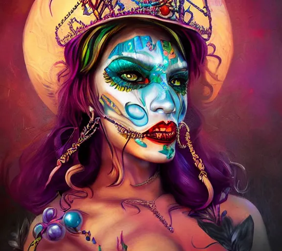 Image similar to beautiful female character inspired by new orleans mardi gras and street art vampire bounty hunter | | digital artwork made by greg rutswork, anna dittmann and lois van barlee, symmetrical rim light, anatomically correct