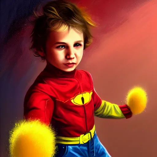 Prompt: colorful and festive captivating young child boy, brown fluffy hair, wearing red and yellow hero suit, shooting a yellow energy sphere out of his fist. full body, rich vivid colors, ambient lighting, dynamic lighting, 4 k, atmospheric lighting, painted, intricate, highly detailed by charlie bowater