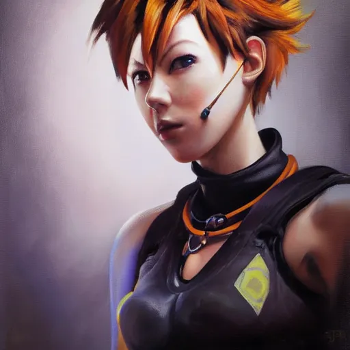 Prompt: oil painting of tracer overwatch in a field wearing tall steel choker around neck, in style of mark arian, expressive face, detailed face, detailed eyes, full body, feminine face, tracer overwatch,