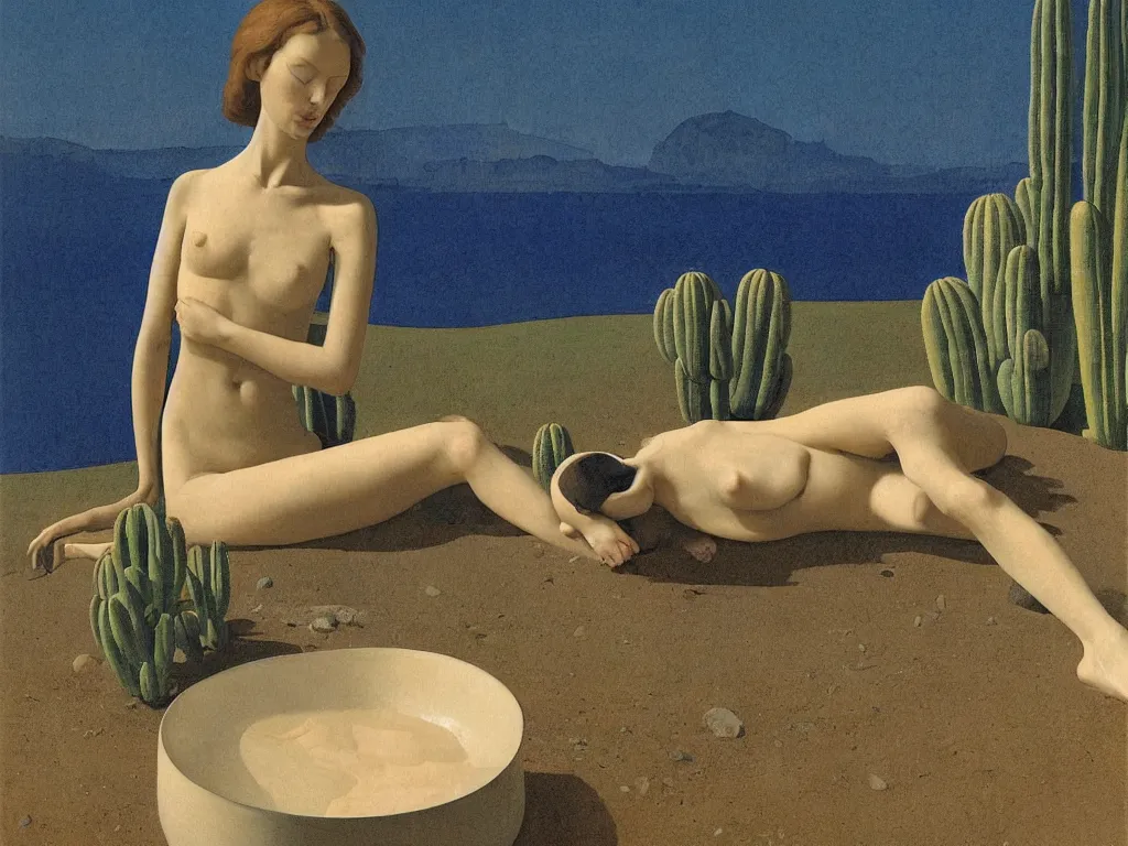 Prompt: Woman sculpted by Henri Moore taking a milk bath alone in a strange, giant ceramic basin sculpted river. Alien, selenar, crater landscape with efflorescent strange cacti. Blue light. Painting by Georges de la Tour, Alex Colville, Balthus