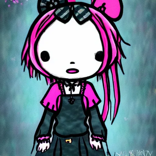 Prompt: punk little girl, profile picture, grunge fashion, reflection, cute artwork, inspired by made in abyss, hello kitty art style, gothic style, 8 k