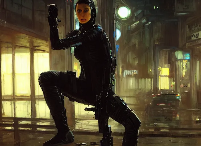 Prompt: Maria evades sgt Nash. Cyberpunk hacker wearing stealth suit hiding from police patrol (blade runner 2049, cyberpunk 2077). beautiful face. Dark industrial plant. Orientalist portrait by john william waterhouse and James Gurney and Theodore Ralli and Nasreddine Dinet, oil on canvas. Cinematic, hyper realism, realistic proportions, dramatic lighting, high detail 4k