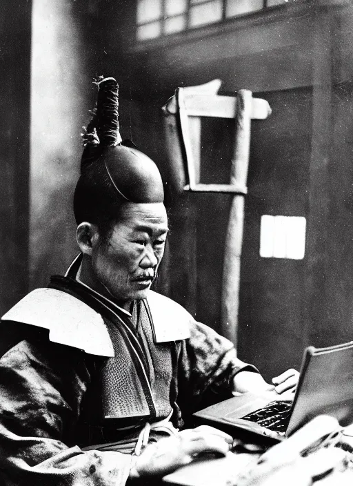 Prompt: old photo of Japanese samurai using a laptop computer