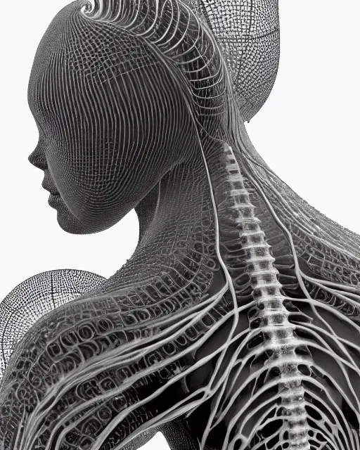 Image similar to mythical dreamy black and white organic bio-mechanical spinal ribbed profile face portrait detail of translucent steampunk beautiful female angelic-human-queen-vegetal-cyborg, highly detailed, intricate crystal jelly ornate, poetic, 3D render, digital art, octane render, 8K artistic photography, photo-realistic, by Dora Maar