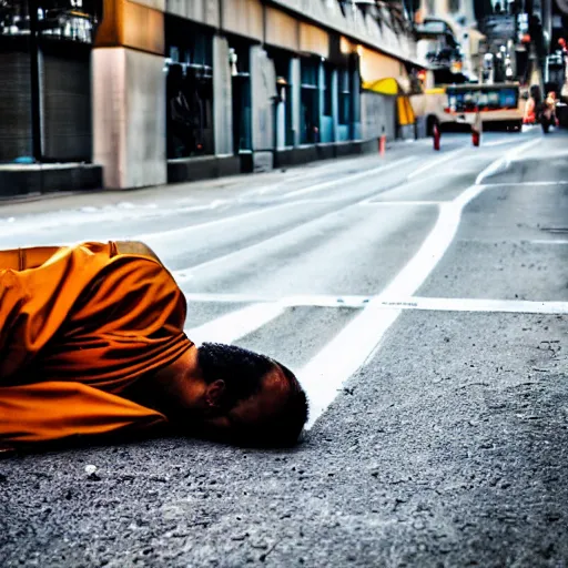 Image similar to a man laying lifeless on the road of a big city, photography,