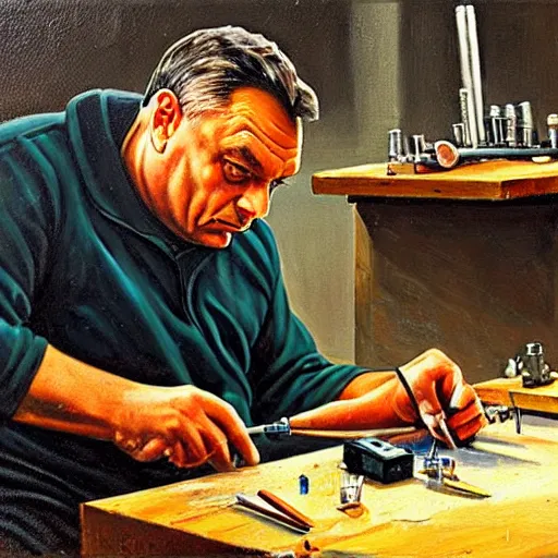 Image similar to viktor orban soldering in a workshop, oil painting