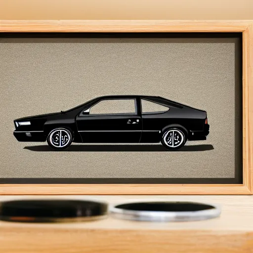 Image similar to incredible japanese wood print of a of a honda civic, black, mk 1 0 license plate, stealth, night mode, spoiler, lights, custom exhaust, wing mirrors, carbon fibre, valance splitter, sports, wheel spacers, japanese, power, sleek, electric, petrol, high detail, 8 k resolution