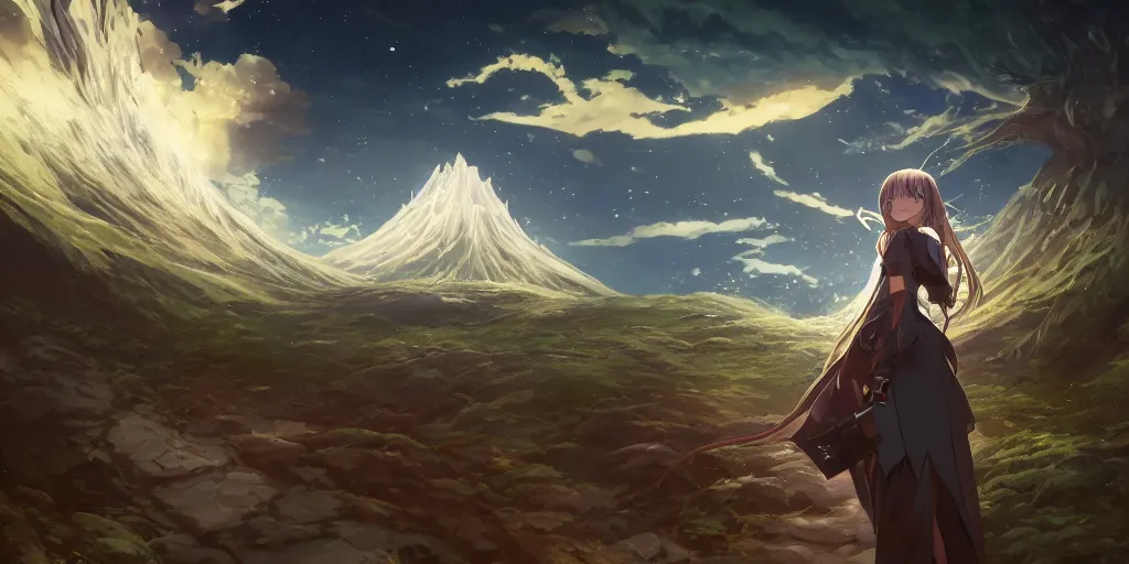 Image similar to isekai masterpiece by mandy jurgens, irina french, rachel walpole, ross tran, illya kuvshinov, deeznutz, and alyn spiller of an anime woman standing in a puddle looking up at serpent viper mountain, nebula night, cinematic, very warm colors, intense shadows, ominous clouds, anime illustration, anime screenshot composite background