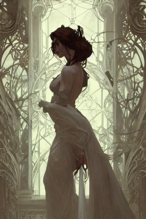 Image similar to beautiful pale gothic maiden, master drawing, intricate, elegant, highly detailed, digital painting, artstation, concept art, smooth, sharp focus, illustration, art alphonse mucha and james gurney and craig mullins and wlop