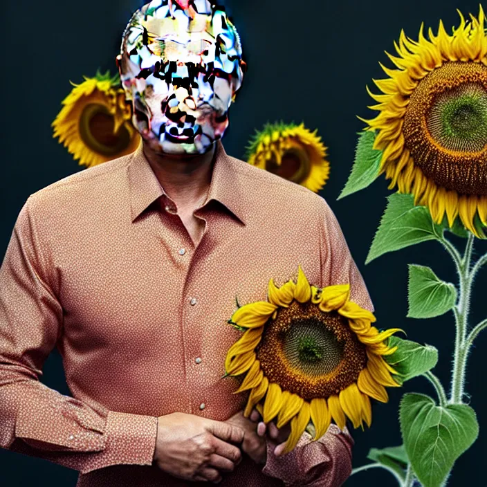 Image similar to photo portrait of Vladimir Putin - sunflowers - dressed in leisure shirt with ornamental ethereal sunflower pattern, natural skin tone, highly detailed realistic flowers ornament on the shirt, raging war and explosions in the background, face is highly detailed, elegant, Realistic, Refined, Highly Detailed, natural soft pastel lighting colors scheme, fine art photography by Cecil Beaton, volumetric lighting, hyper realistic photography