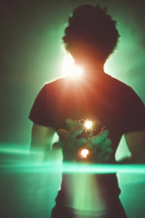 Prompt: agfa vista 4 0 0 photograph of a guy holding a glowing ball of magic, back view, synth vibe, vaporwave colors, lens flare, moody lighting, moody vibe, telephoto, 9 0 s vibe, blurry background, grain, tranquil, calm, faded!,