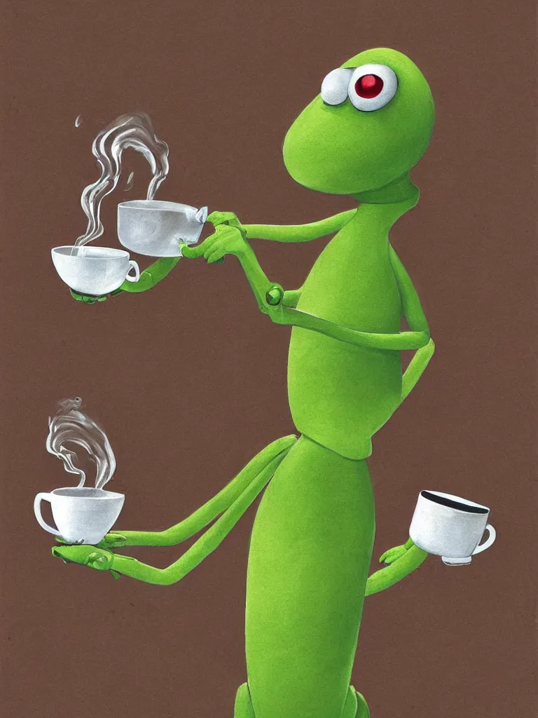 Image similar to serene illustration robotic kermit offering a cup of fresh steaming coffee, by Simon Stalenhaag, by Yoshita Amano, by Esao Andrews, sharp focus, fresh colors, conceptart, trending on artstation