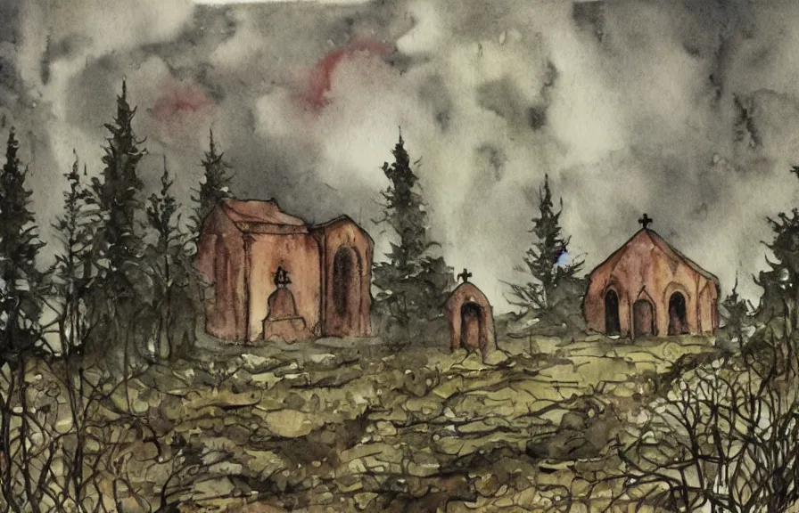 Prompt: monastery in a dark and gloomy forest with a graveyard and epitaph, rainy and stormy sky, watercolor painting