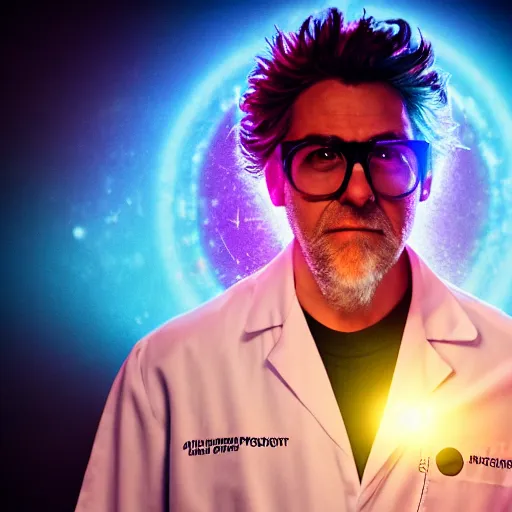 Image similar to portrait of rick sanchez, lab coat and tee shirt, lens flare, atmosphere, glow, detailed, intricate, full of colour, cinematic lighting, 4 k, hyperrealistic, focused, extreme details, cinematic, masterpiece