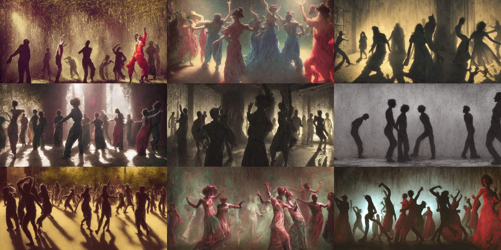 Prompt: shadow people of the 1 9 9 0 s dancing by gustave dore. back glass painting, carnation, encaustic painting, b - roll, establishing shot, dappled light, crime scene photography, 8 k, vray, unreal engine, blender cycles, colorful