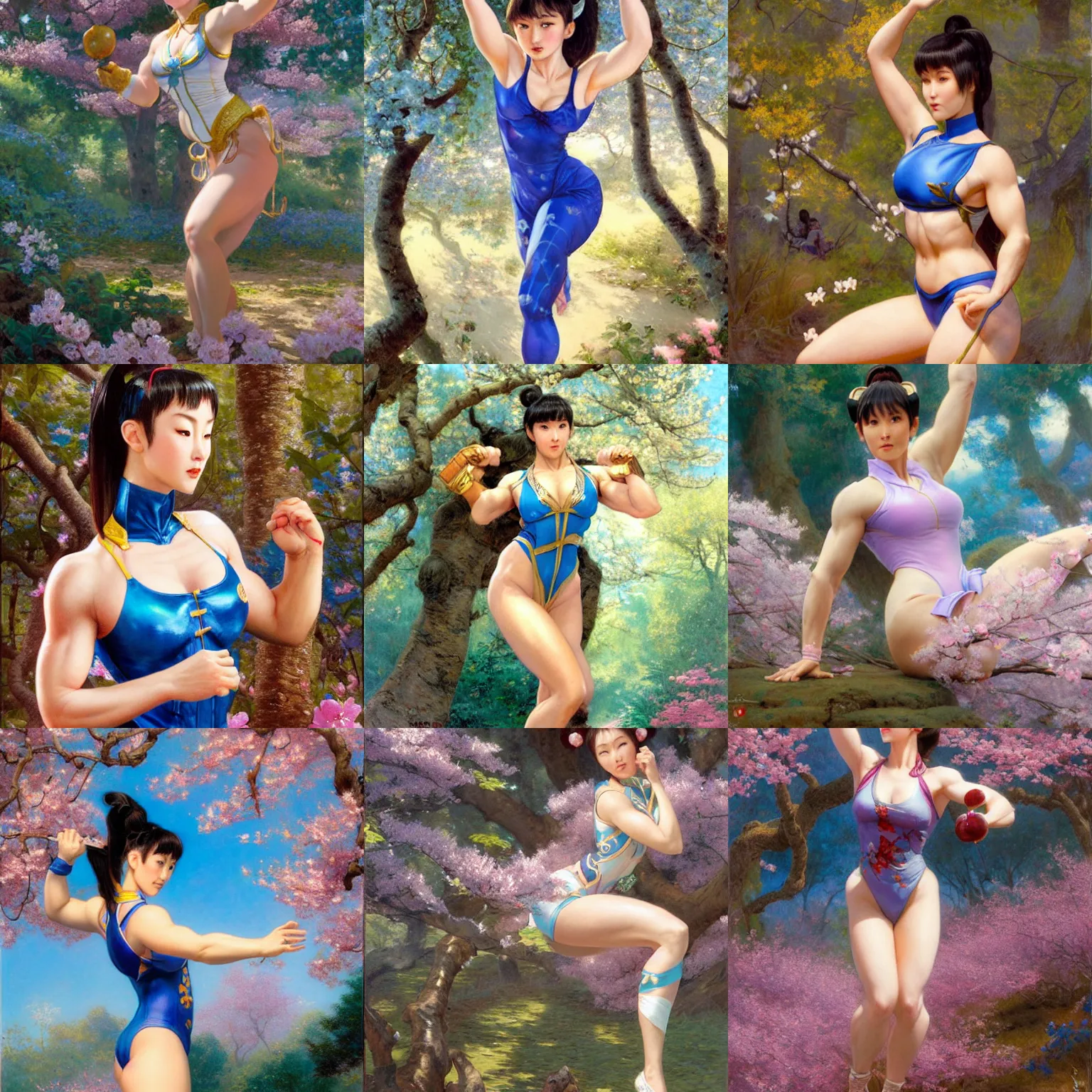 Prompt: chun li working out in a cherry blossom forest, wearing blue bodysuit, highly detailed painting by gaston bussiere, craig mullins, j. c. leyendecker 8 k