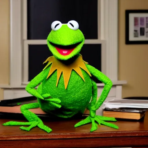 Prompt: photo of jim Henson\'s Kermit the frog looking incredibly angry to have been served divorce papers, shaking his fist, professional photography, green frog felt Muppet puppet, high definition