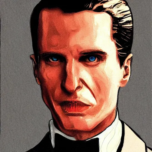 Image similar to portrait of Patrick Bateman from American Psycho, in the style of the Hudson River School