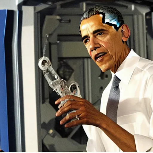 Image similar to barrack obama going through a stargate in the sg - 1 base, holding a goauld in his right hand