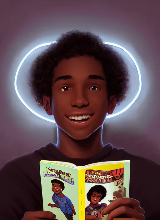 Prompt: portrait of teenage chuck clayton, black teenage boy, very short curly hair, very short hair, square jaw, slight excited smile, reading archie comic book, intricate, elegant, glowing lights, highly detailed, digital painting, artstation, concept art, smooth, sharp focus, illustration, art by wlop, mars ravelo and greg rutkowski