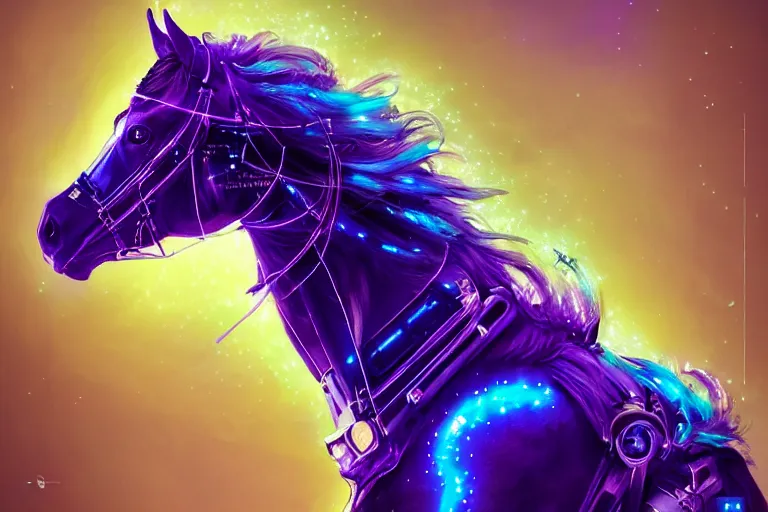 Image similar to a beautiful portrait of a cute cyberpunk horse with bioluminescent mane by sandra chevrier and greg rutkowski and wlop, purple blue color scheme, vaporware, retro, outrun, high key lighting, volumetric light, digital art, highly detailed, fine detail, intricate, ornate, complex, octane render, unreal engine, photorealistic