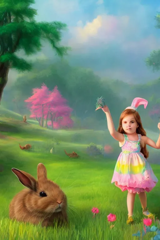 Prompt: matte sharp painting cute little girl and rabbit landscape painted by mark rydel and lisa frank, on artstation behance