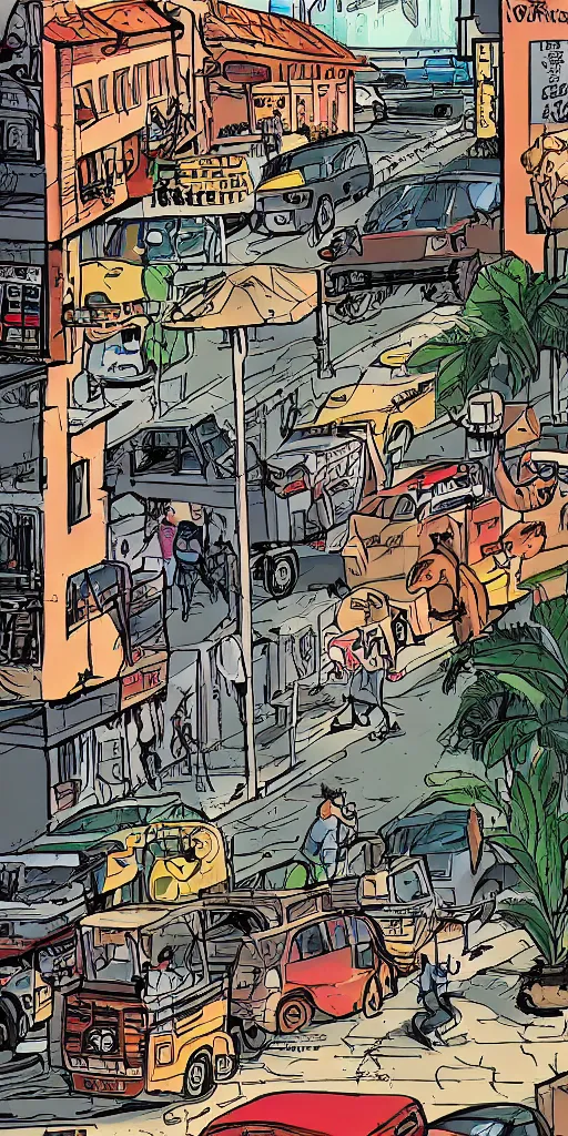 Image similar to singapore city streets, escaped lions, graphic novel