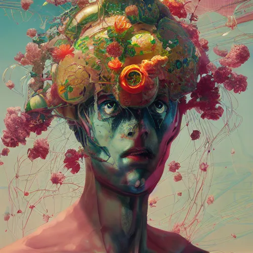 Image similar to surreal gouache painting, by yoshitaka amano, by ruan jia, by conrad roset, by Kilian Eng, by good smile company, detailed anime 3d render of a mechanical android head with flowers growing out, portrait, cgsociety, artstation, modular patterned mechanical costume and headpiece, retrowave atmosphere