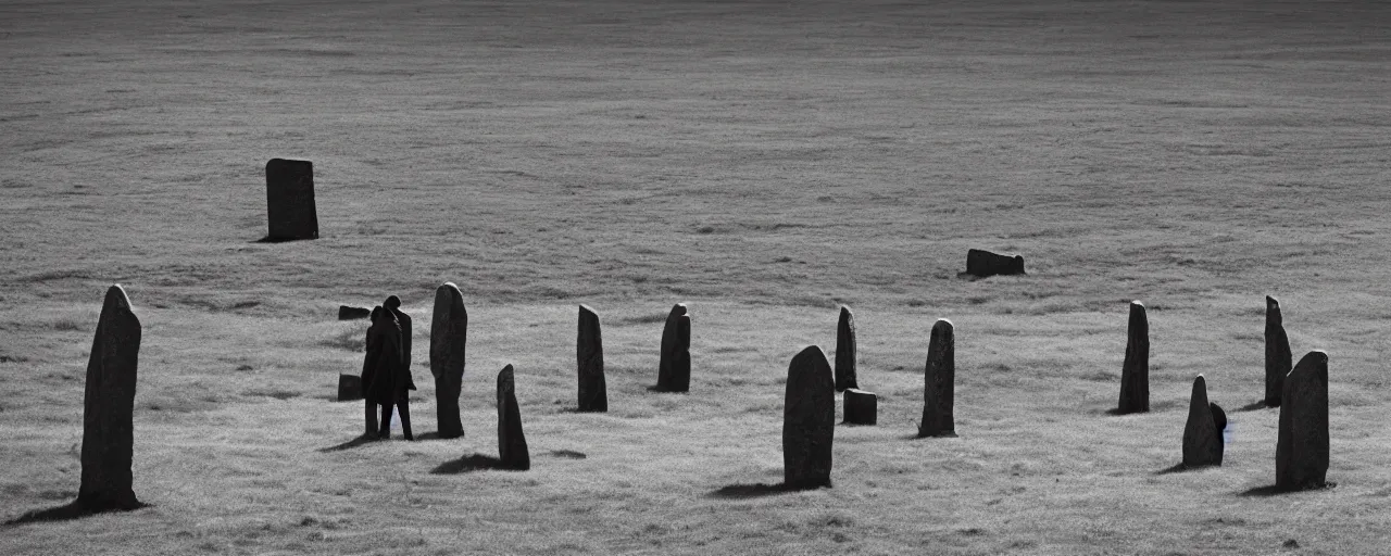 Prompt: figures stand amongst the neolithic standing stones of stenness, threatening, doom, apocalytic, sinister