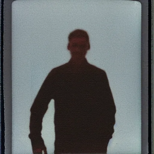 Image similar to glitchpunk damaged polaroid photo of a blurry man in a dark dystopian future