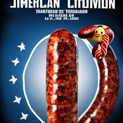 Image similar to A typical american action film poster featuring clippy the clipper and a lifelike sausage, 8k movie poster, highly detailed, vivid intense colors, sharp, crisp