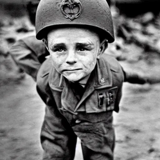 Image similar to Wee Man as an American soldier on D Day, epic, WWII, 1940s photo, cinematic, highly detailed, gritty, combat, sharp focus, closeup