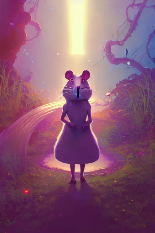 Prompt: a dreamy otherworldly 3 d render of anthropomorphic cyborg rodent on pathway to castle, studio ghibli, pixar and disney exploded - view drawing, sharp, disney octane render splatter paint vray by shinji kimura and alphonse mucha and alena aenami, maximalist pastel color palette, ( ( bloom ) ), dramatic lighting