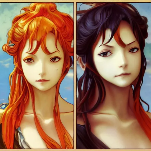 Prompt: intricately detailed vfx portrait of nami from one piece by eiichiro oda, makoto shinkai, alphonse mucha, art by artgerm and greg rutkowski, best of behance, concept art, matte, sharp focus, orange hair, elegant, adolphe bouguereau, annie leibovitz, stanley kubrick, thick outlines,